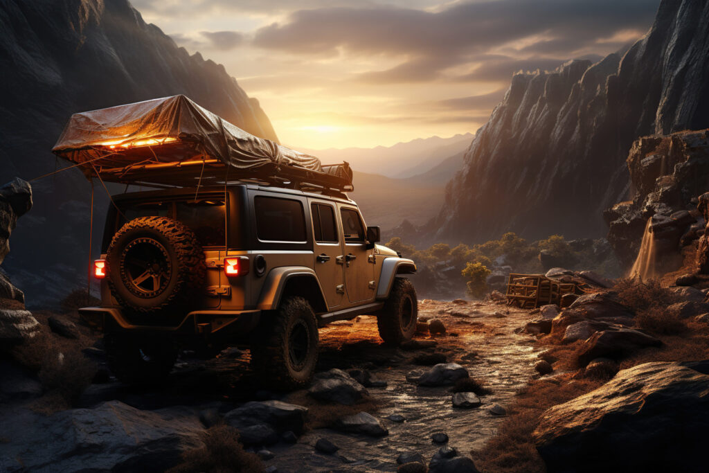 car camping tent on the rooftop of an suv in mountains